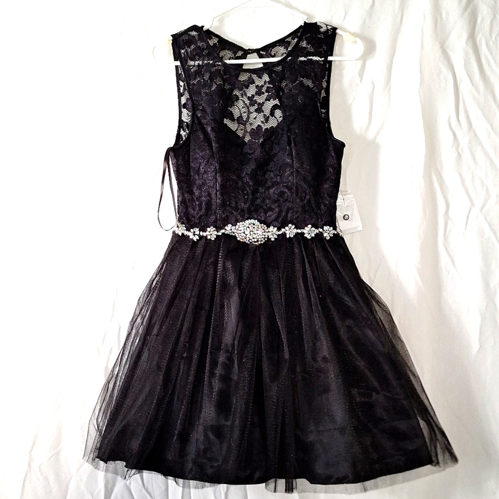 Prom Formal Mini Dress, Black w. Sparkles, Beaded, Embroidered sz 7 Junior, NWT - Picture 5 of 16